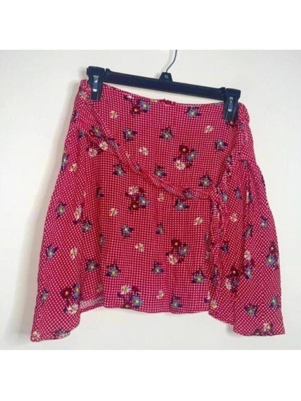 Everly Red Gingham and Floral Print Mini Skirt Tie Front Belt Cottage